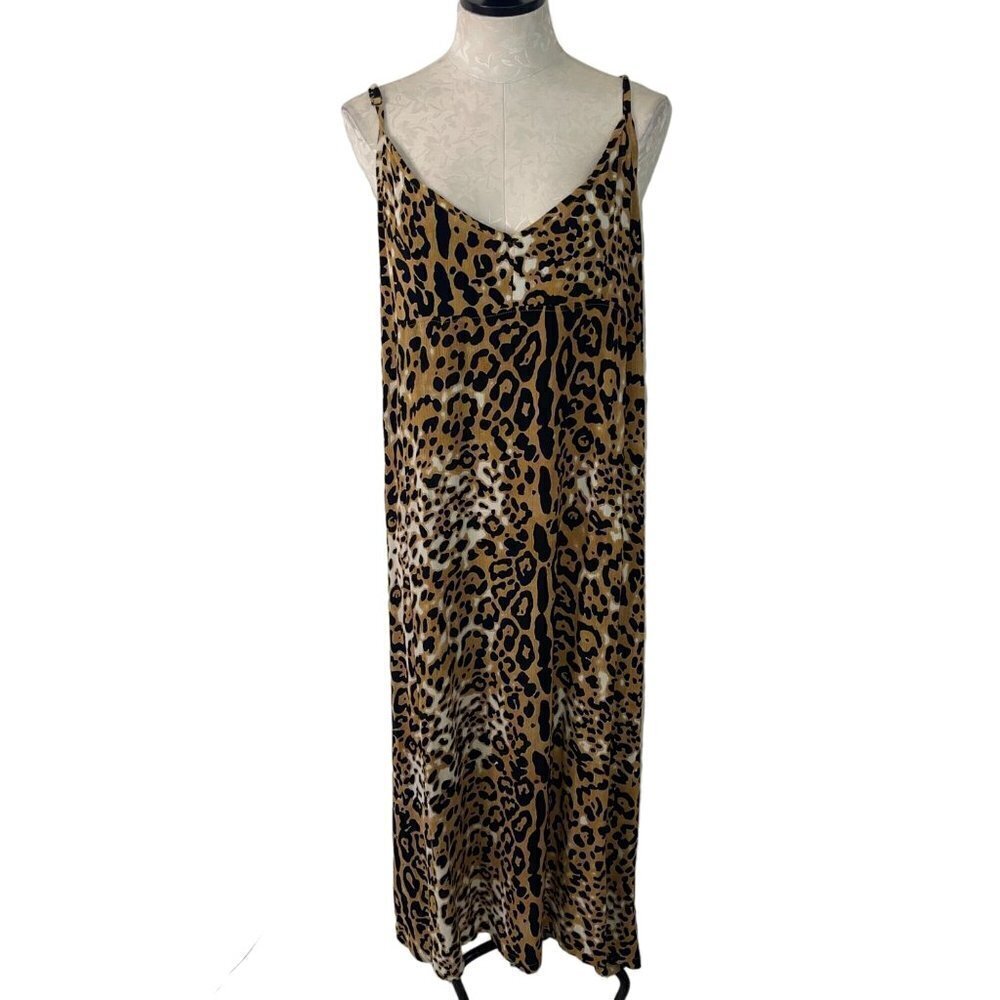 Bali Queen Vintage Womens Dress Size L Brown Maxi Animal Print Side Slit